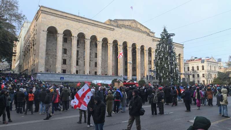 Полицейские оттесняют протестующих в Тбилиси от елки у парламента